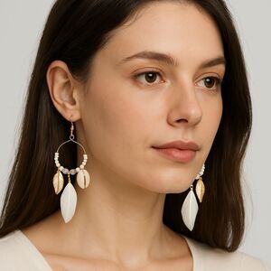 Boho White Shell Feather Earrings Gold Hoop Beaded Statement Jewelry Hook Long